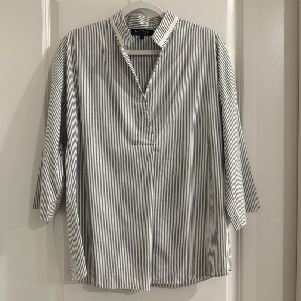 Lafayette 148 Striped V-neck Tunic Top w/Collar Detail